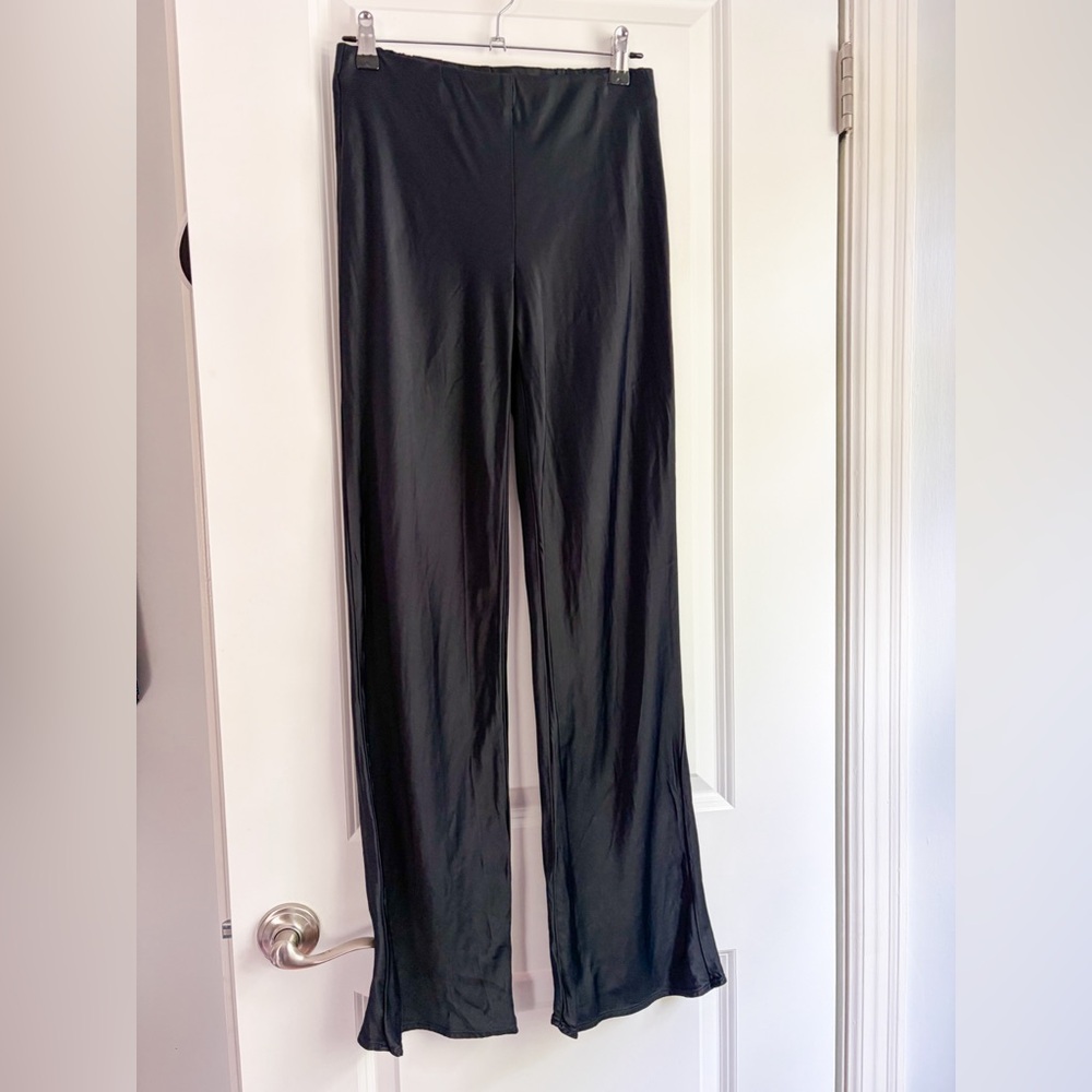 Anthropologie Black Satin Wide-Leg Pull On Pants